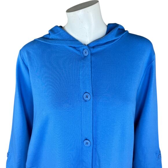 Denim & Co. Beach French Terry Roll Tab Sleeve Hooded Jacket Indigo Sea Medium - Picture 10 of 13